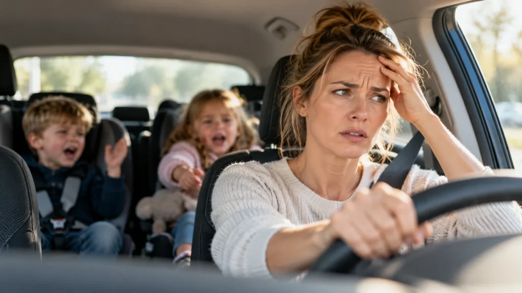 Gestresste Mutter sitzt am Steuer eines Autos, während ihre zwei kleinen Kinder auf dem Rücksitz schreien. Die Szene verdeutlicht chronischen Stress und Überforderung im Familienalltag.