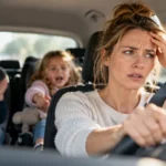 Gestresste Mutter sitzt am Steuer eines Autos, während ihre zwei kleinen Kinder auf dem Rücksitz schreien. Die Szene verdeutlicht chronischen Stress und Überforderung im Familienalltag.