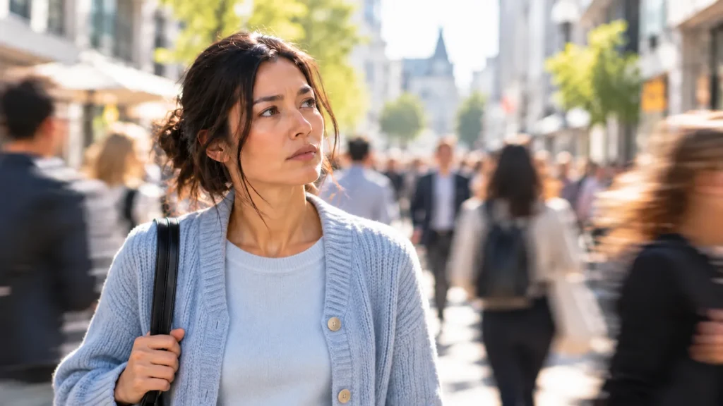 Nachdenkliche Frau asiatischer Herkunft steht in einer belebten Fußgängerzone, während Menschen unscharf an ihr vorbeigehen. Die Szene veranschaulicht belastende Gedanken und innere Unruhe im Alltag.