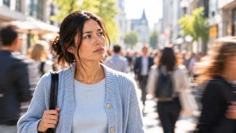Nachdenkliche Frau asiatischer Herkunft steht in einer belebten Fußgängerzone, während Menschen unscharf an ihr vorbeigehen. Die Szene veranschaulicht belastende Gedanken und innere Unruhe im Alltag.