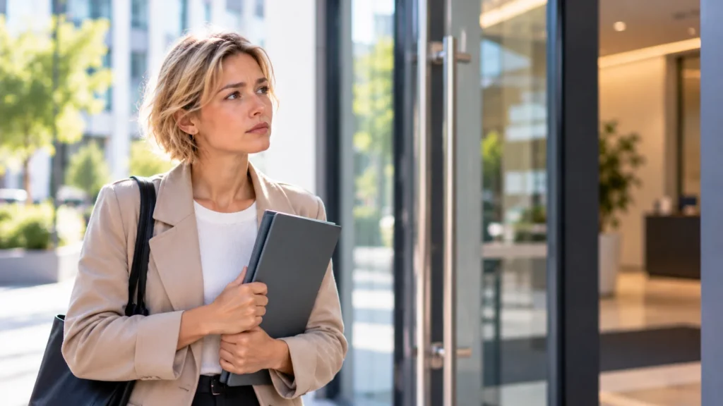 Junge blonde Frau mit kurzen Haaren steht mit einer Bewerbungsmappe vor einem Bürogebäude. Ihr nachdenklicher Blick verdeutlicht Selbstzweifel und Unsicherheit vor einer beruflichen Herausforderung.