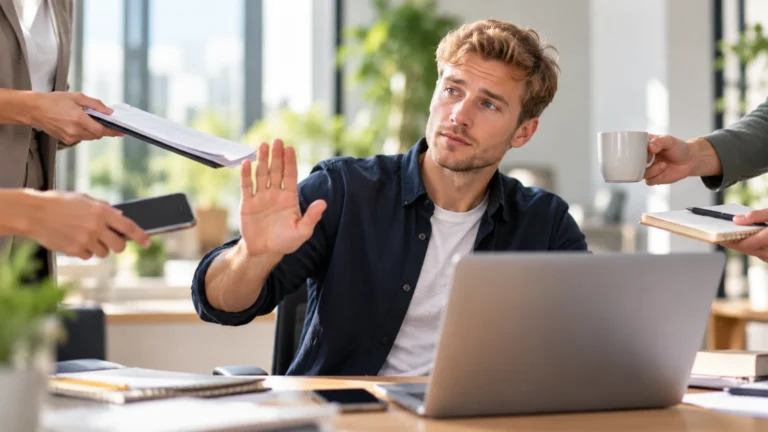 Junger Mann signalisiert am Arbeitsplatz mit erhobener Hand ein Nein, während Kollegen ihm weitere Aufgaben anbieten. Die Szene zeigt, wie wichtig es ist, persönliche Grenzen zu setzen.
