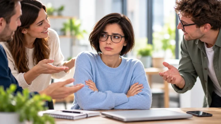 Junge Frau mit kurzem braunem Bob, Brille und hellblauem Pullover sitzt mit verschränkten Armen zwischen gestikulierenden Kollegen. Ihr unsicherer Blick verdeutlicht den sozialen Druck beim People Pleasing.