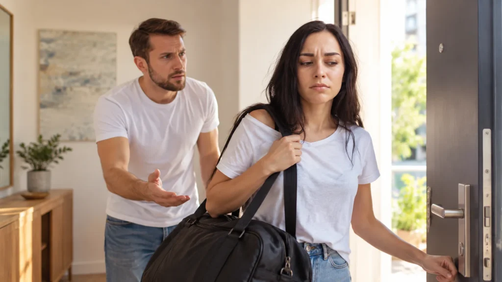 Eine Frau steht mit gepackter Reisetasche an der Wohnungstür und verlässt ihren Partner, der sie besorgt ansieht. Die Trennungsszene verdeutlicht, wie schwer wichtige Entscheidungen im Leben fallen können.
